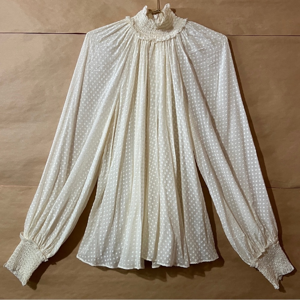 Zimmermann | Silk Swiss Dot Blouse Smocked High Neck Top Sheer Cream Size 6